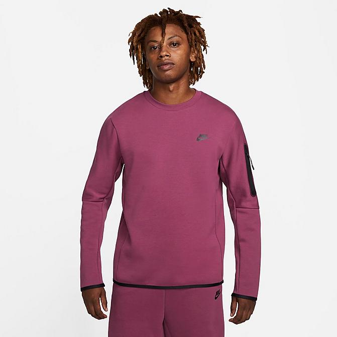 Front view of Men's Nike Sportswear Tech Fleece Crewneck Sweatshirt in Rosewood/Black Click to zoom