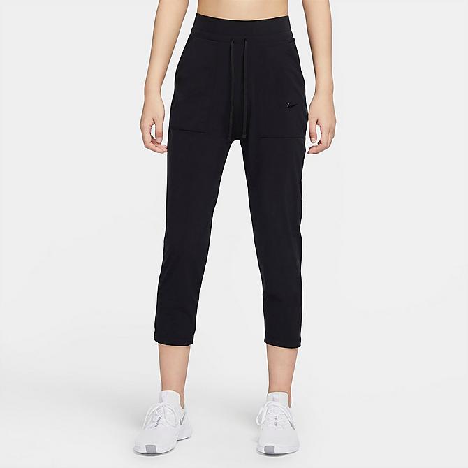 Front Three Quarter view of Women's Nike Bliss Luxe Cropped Training Pants in Black/Clear Click to zoom