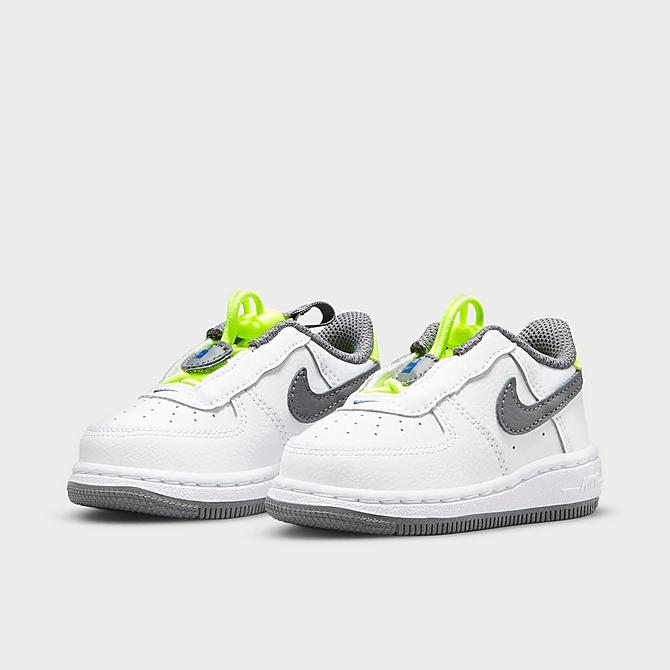 Three Quarter view of Kids' Toddler Nike Air Force 1 Toggle Casual Shoes in White/Iron Grey/Volt/Game Royal Click to zoom