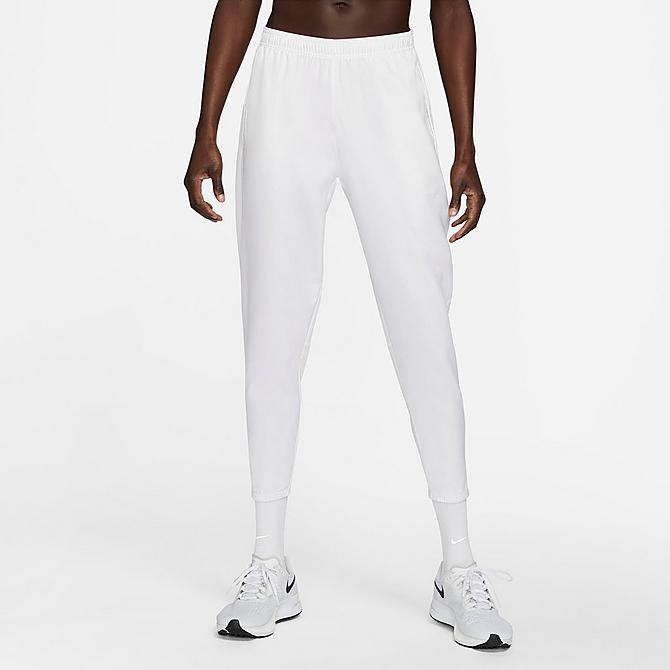 Front Three Quarter view of Men's Nike Essential Woven Running Pants in White/White/Reflective Silver Click to zoom