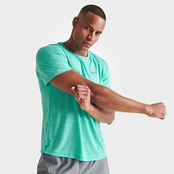 Front view of Men's Nike Dri-FIT Miler Running T-Shirt in Light Menta/Reflective Silver Click to zoom