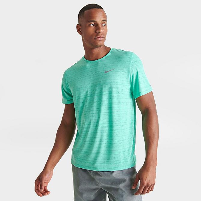 Back Left view of Men's Nike Dri-FIT Miler Running T-Shirt in Light Menta/Reflective Silver Click to zoom
