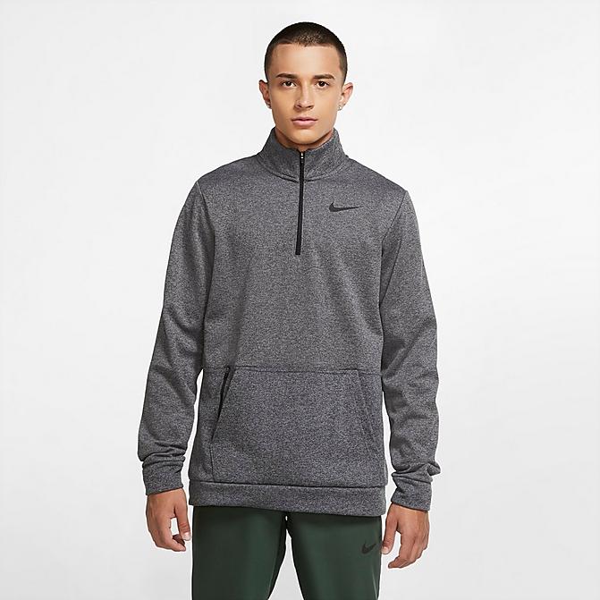 Front view of Men's Nike Therma Half-Zip Sweatshirt in Charcoal Heather/Black Click to zoom