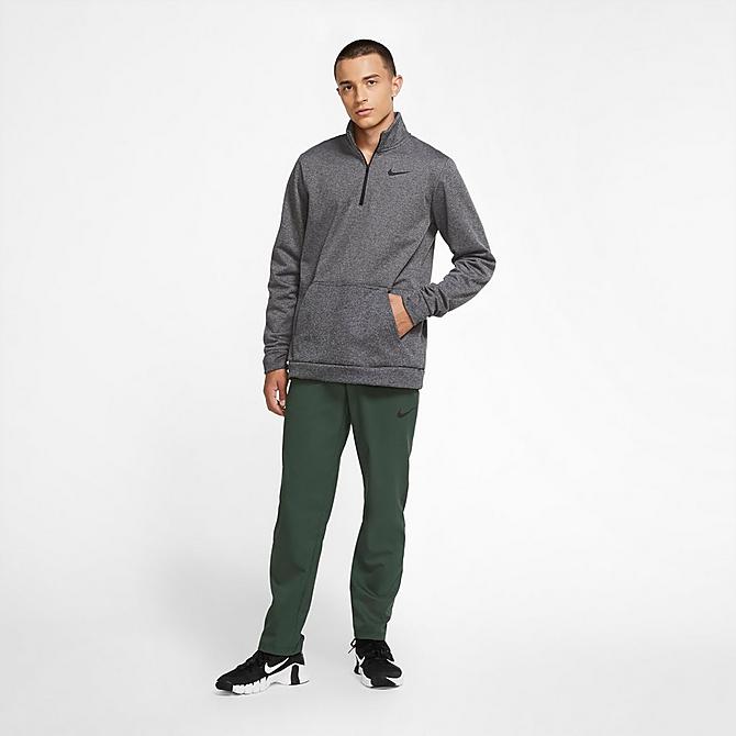 Front Three Quarter view of Men's Nike Therma Half-Zip Sweatshirt in Charcoal Heather/Black Click to zoom