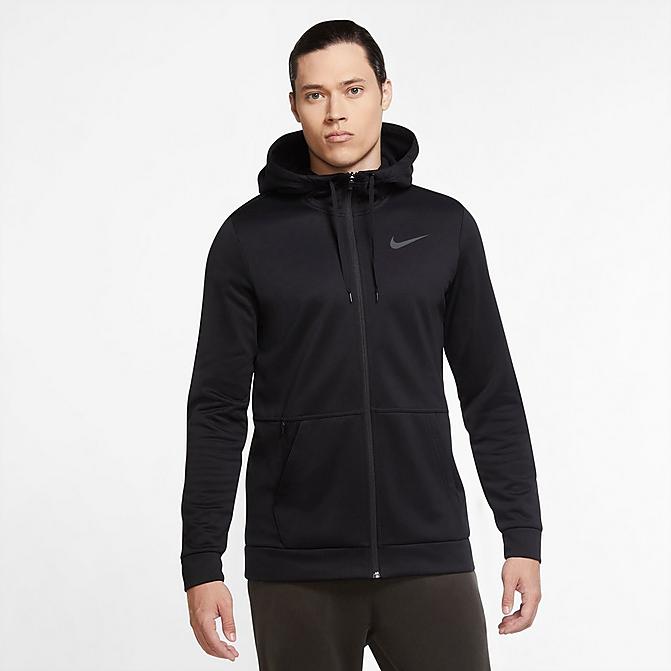 Front view of Men's Nike Therma Training Full-Zip Hoodie in Black/Dark Grey Click to zoom