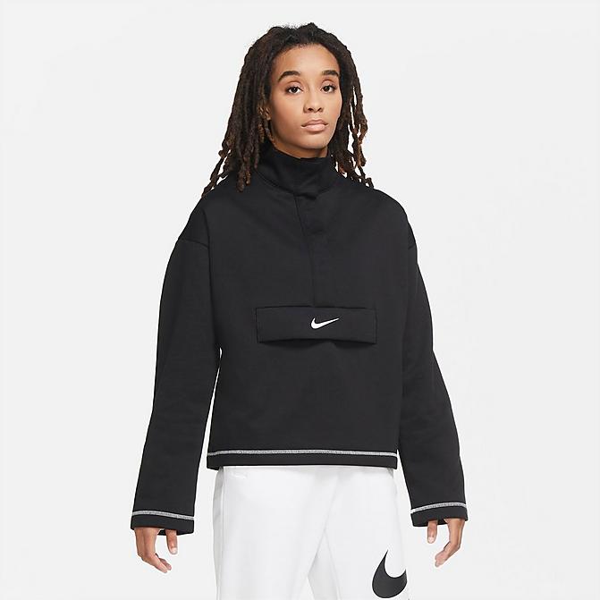Front view of Women's Nike Sportswear SWOOSH Quarter-Snap Top in Black/White Click to zoom