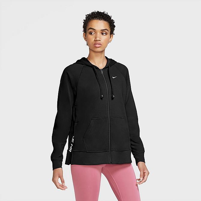 Front view of Women's Nike Dri-FIT Get Fit Full-Zip Training Hoodie in Black/White Click to zoom