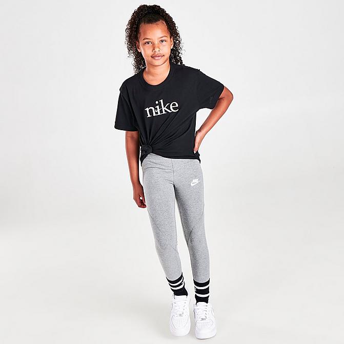 Front view of Girls' Nike Sportswear Favorites High-Rise Leggings in Carbon Heather/White Click to zoom