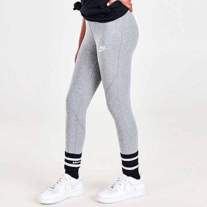 Back Left view of Girls' Nike Sportswear Favorites High-Rise Leggings in Carbon Heather/White Click to zoom