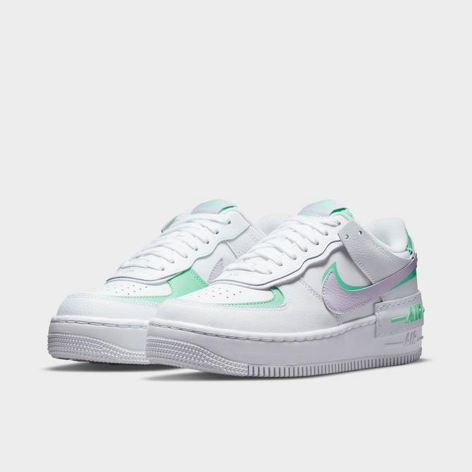 Three Quarter view of Women's Nike Air Force 1 Shadow SE Casual Shoes in White/Infinite Lilac/Football Grey/Green Glow/Violet Shock Click to zoom