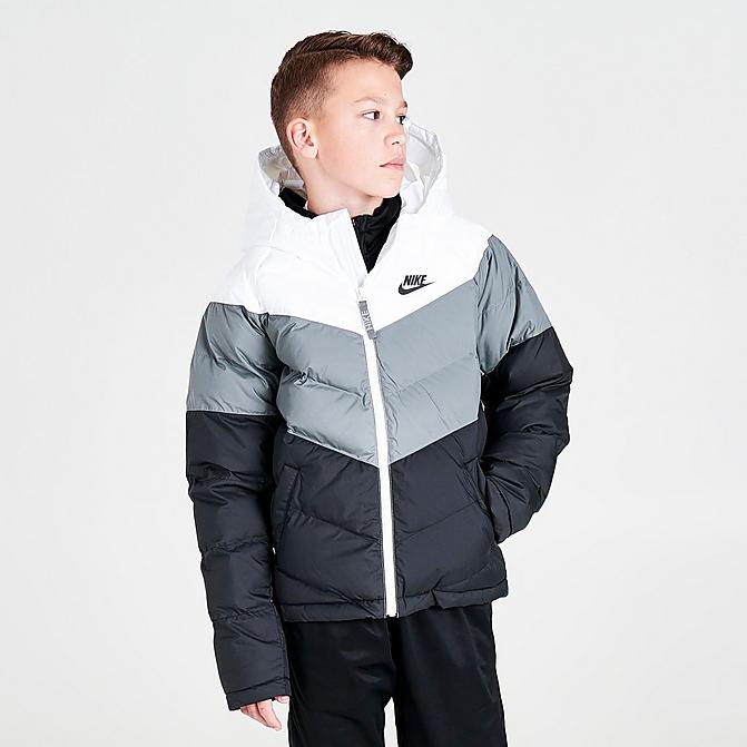 Front view of Kids' Nike Sportswear Chevron Colorblock Puffer Jacket in White/Smoke Grey/Black Click to zoom