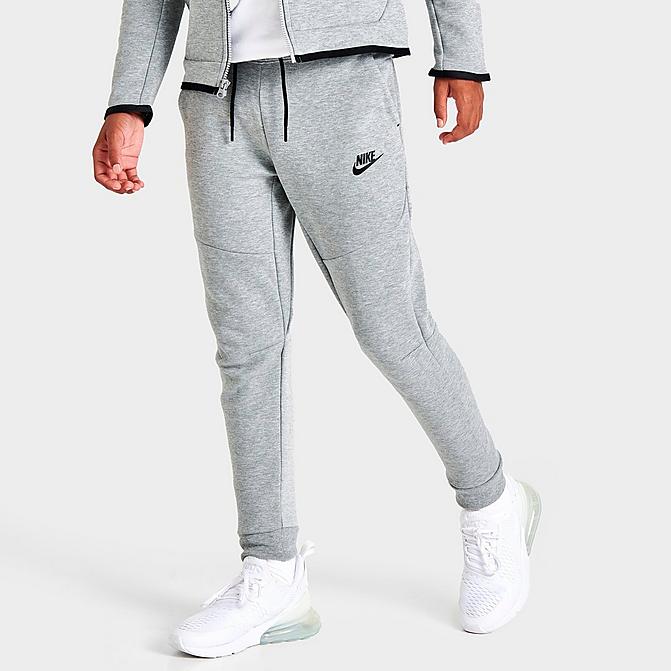 Front view of Kids' Nike Sportswear Tech Fleece Jogger Pants in Dark Grey Heather/Black Click to zoom
