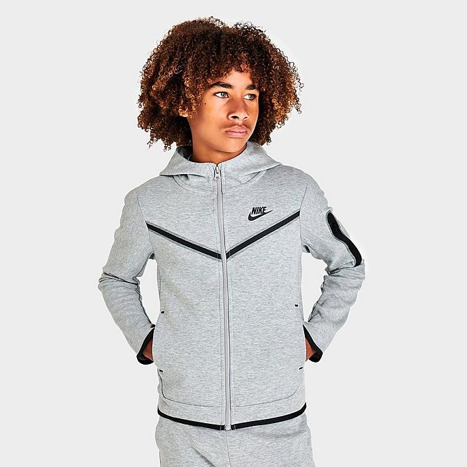 Front view of Kids' Nike Sportswear Tech Fleece Full-Zip Hoodie in Dark Grey Heather/Black Click to zoom