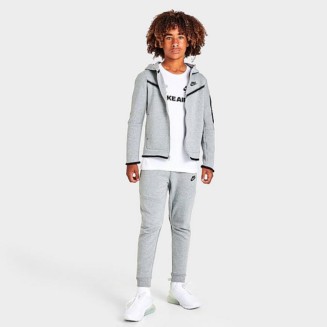 Front Three Quarter view of Kids' Nike Sportswear Tech Fleece Full-Zip Hoodie in Dark Grey Heather/Black Click to zoom