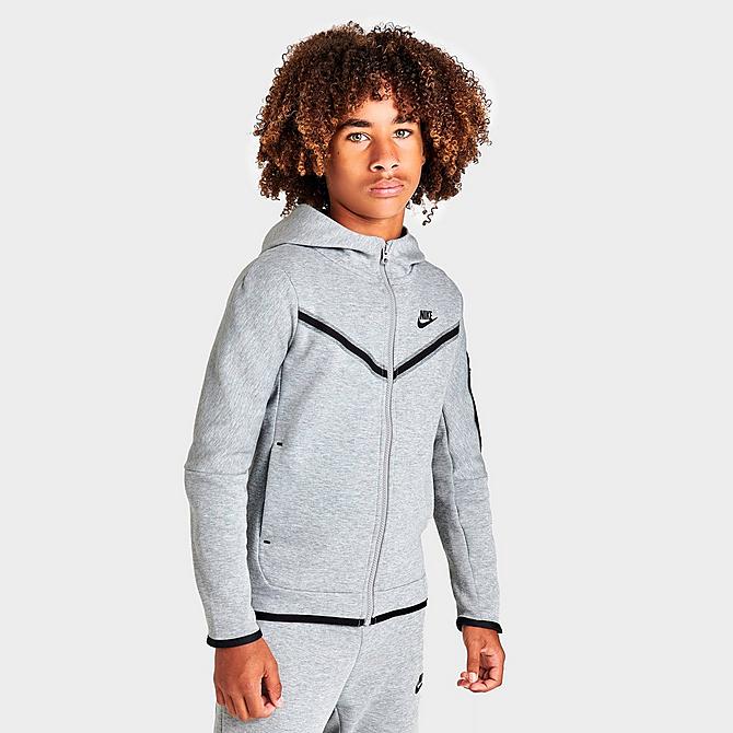 Back Left view of Kids' Nike Sportswear Tech Fleece Full-Zip Hoodie in Dark Grey Heather/Black Click to zoom