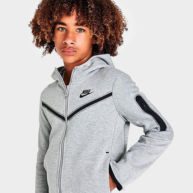 On Model 5 view of Kids' Nike Sportswear Tech Fleece Full-Zip Hoodie in Dark Grey Heather/Black Click to zoom