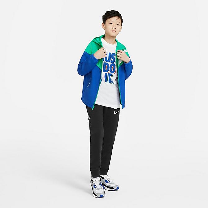 Front Three Quarter view of Kids' Nike Sportswear HBR Windrunner Jacket in Stadium Green/Game Royal/Game Royal/White Click to zoom