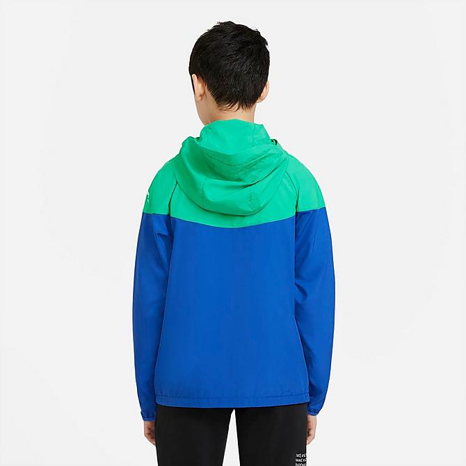 Back Left view of Kids' Nike Sportswear HBR Windrunner Jacket in Stadium Green/Game Royal/Game Royal/White Click to zoom