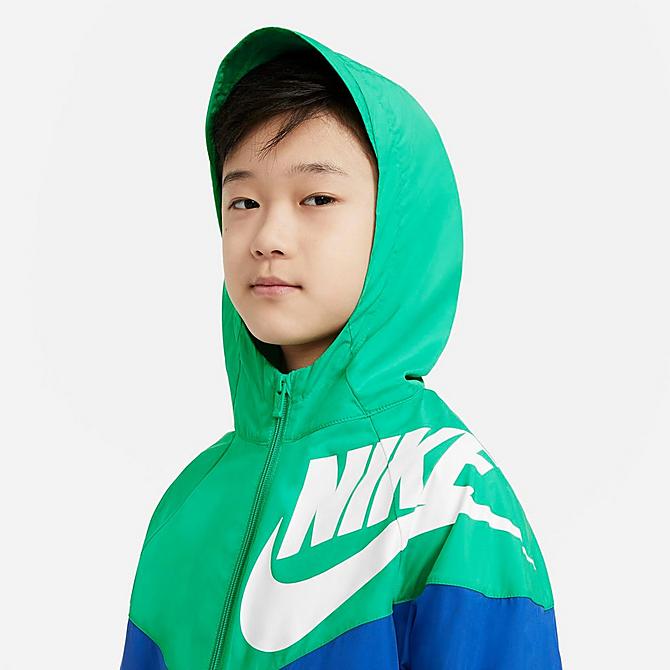 Back Right view of Kids' Nike Sportswear HBR Windrunner Jacket in Stadium Green/Game Royal/Game Royal/White Click to zoom