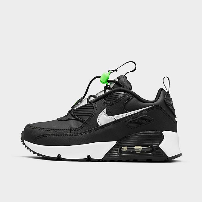 Right view of Little Kids' Nike Air Max 90 Toggle Casual Shoes in Black/Green Strike/White/Chrome Click to zoom