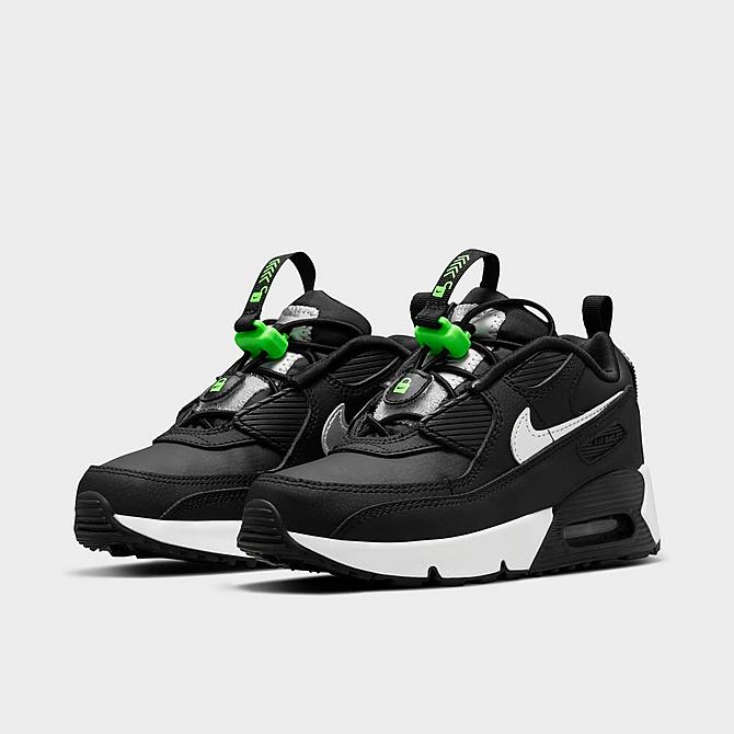 Three Quarter view of Little Kids' Nike Air Max 90 Toggle Casual Shoes in Black/Green Strike/White/Chrome Click to zoom