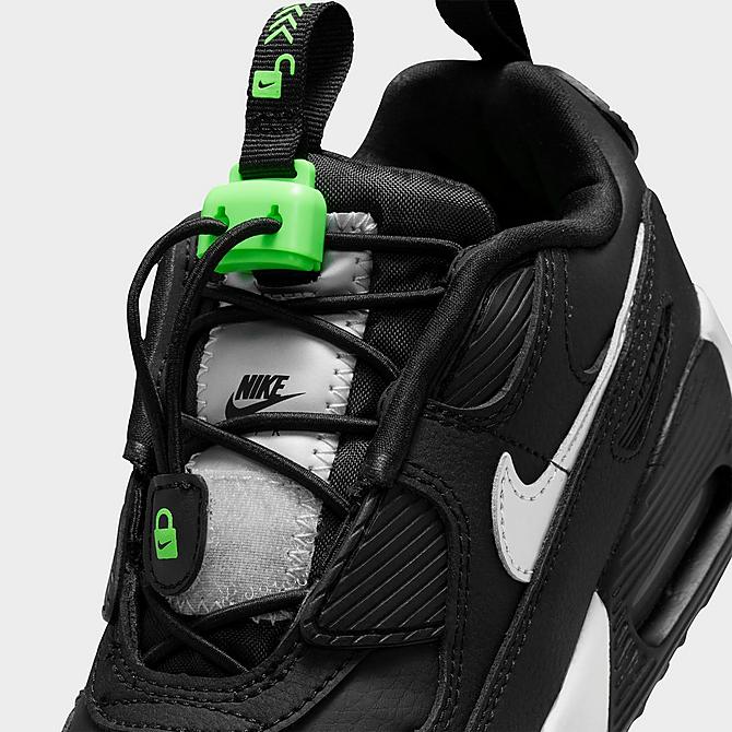 Front view of Little Kids' Nike Air Max 90 Toggle Casual Shoes in Black/Green Strike/White/Chrome Click to zoom