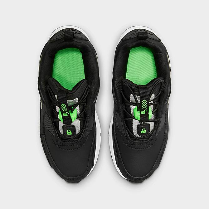 Back view of Little Kids' Nike Air Max 90 Toggle Casual Shoes in Black/Green Strike/White/Chrome Click to zoom