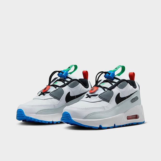 Three Quarter view of Little Kids' Nike Air Max 90 Toggle Casual Shoes in White/Black/Pure Platinum/Stadium Green Click to zoom