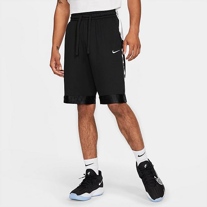 Front Three Quarter view of Men's Nike Dri-FIT Elite Stripe Basketball Shorts in Black/Black/White Click to zoom