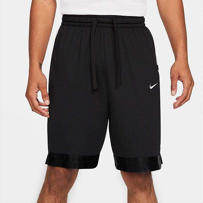 Back Left view of Men's Nike Dri-FIT Elite Stripe Basketball Shorts in Black/Black/White Click to zoom