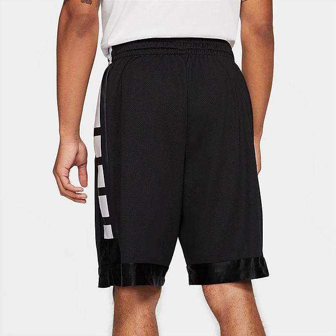 Back Right view of Men's Nike Dri-FIT Elite Stripe Basketball Shorts in Black/Black/White Click to zoom