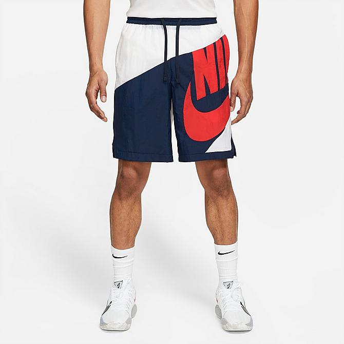 Front Three Quarter view of Men's Nike Dri-FIT Throwback Futura Basketball Shorts in White/College Navy/Chile Red Click to zoom