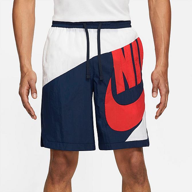 Back Left view of Men's Nike Dri-FIT Throwback Futura Basketball Shorts in White/College Navy/Chile Red Click to zoom