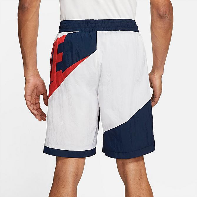 Back Right view of Men's Nike Dri-FIT Throwback Futura Basketball Shorts in White/College Navy/Chile Red Click to zoom