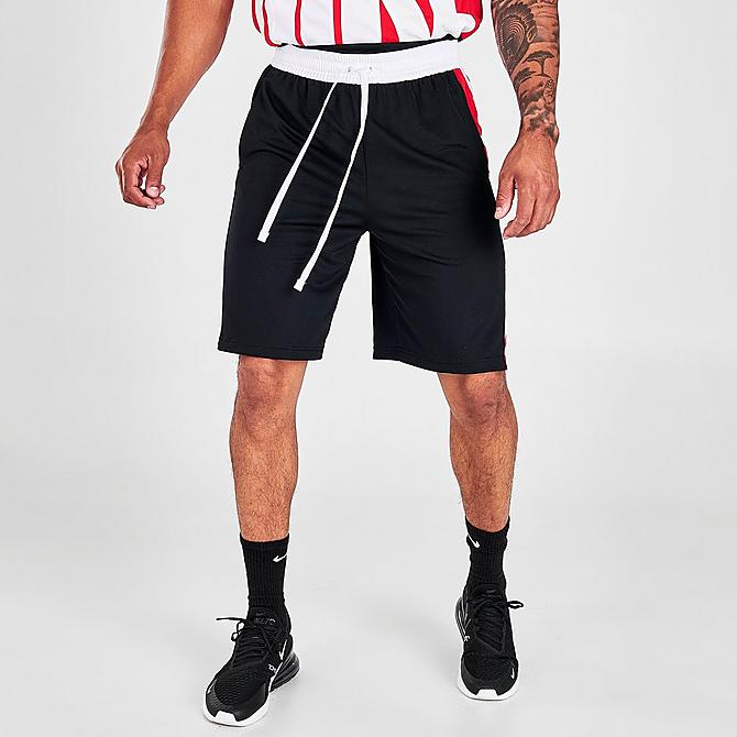 Front Three Quarter view of Men's Nike Dri-FIT Block Basketball Shorts in Black/White/University Red/White Click to zoom
