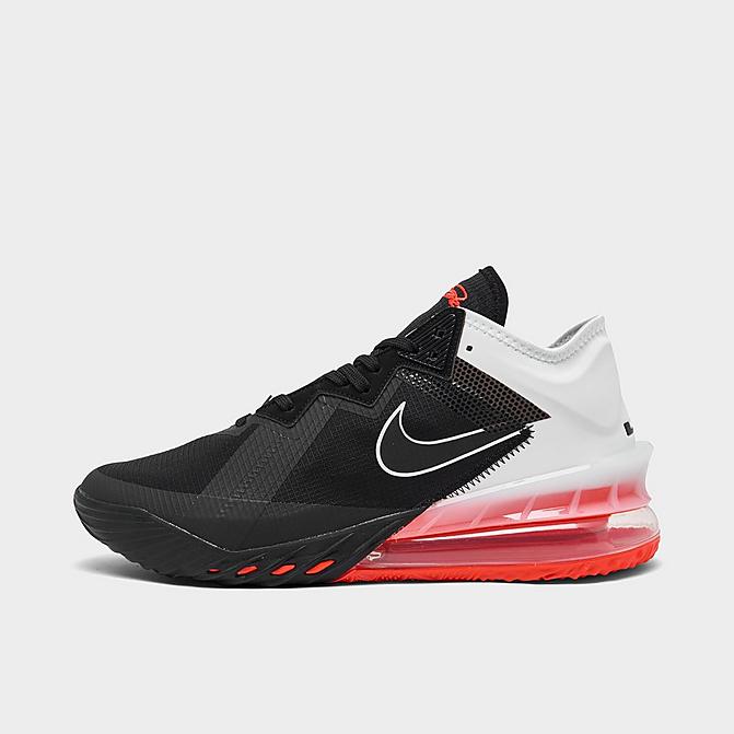 Right view of Nike LeBron 18 Low Basketball Shoes in Black/White/Bright Crimson Click to zoom