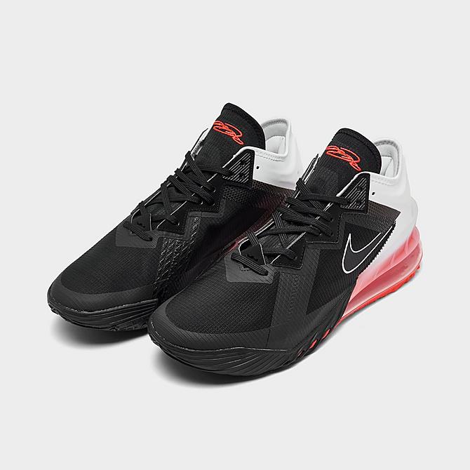 Three Quarter view of Nike LeBron 18 Low Basketball Shoes in Black/White/Bright Crimson Click to zoom