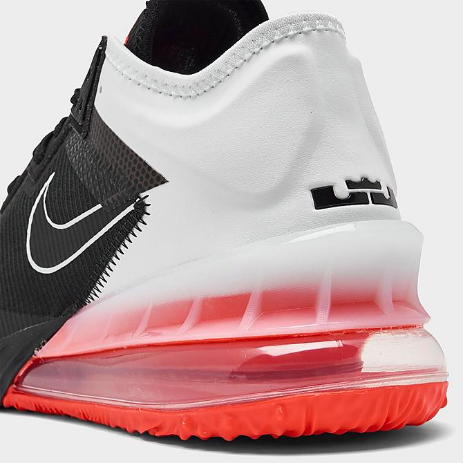 Front view of Nike LeBron 18 Low Basketball Shoes in Black/White/Bright Crimson Click to zoom