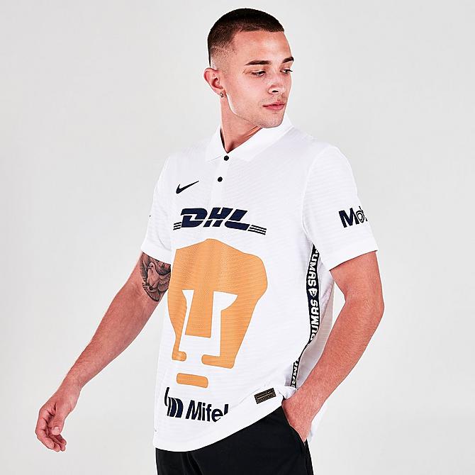 [angle] view of Men's Nike Pumas UNAM 2021-22 Match Home Soccer Jersey in White/Obsidian Click to zoom