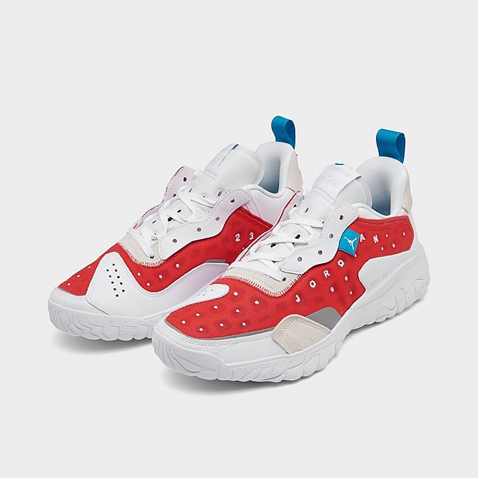 Three Quarter view of Jordan Delta 2 Off-Court Shoes in Chile Red/White/Grey Fog/Cyber Teal Click to zoom