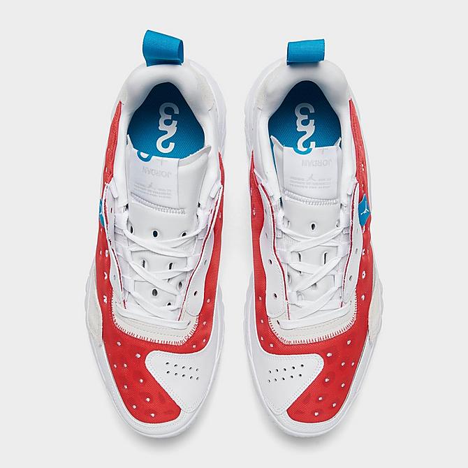 Back view of Jordan Delta 2 Off-Court Shoes in Chile Red/White/Grey Fog/Cyber Teal Click to zoom