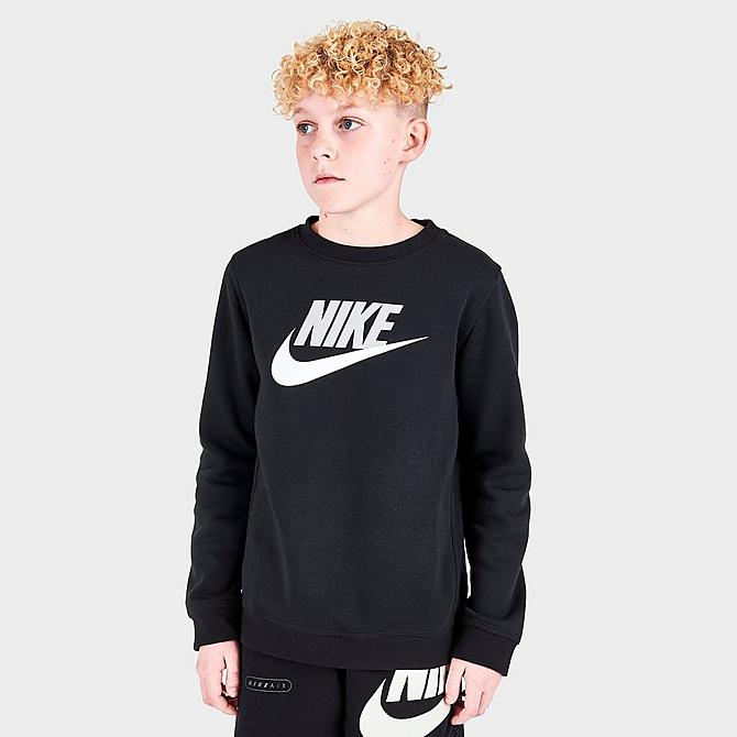 Front view of Kids' Nike Sportswear Club Fleece Crewneck Sweatshirt in Black/White Click to zoom