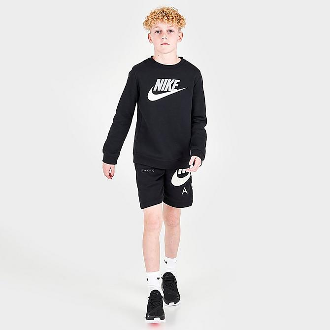 Front Three Quarter view of Kids' Nike Sportswear Club Fleece Crewneck Sweatshirt in Black/White Click to zoom