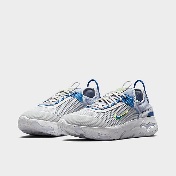 Three Quarter view of Big Kids' Nike React Live Running Shoes in Grey Fog/Game Royal-Platinum Tint Click to zoom