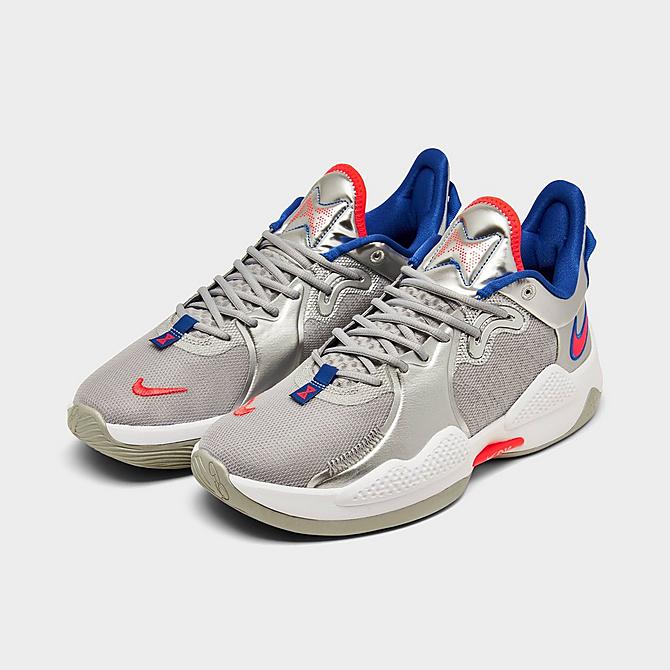 Three Quarter view of Nike PG 5 Basketball Shoes in Metallic Silver/Laser Crimson/Hyper Royal Click to zoom