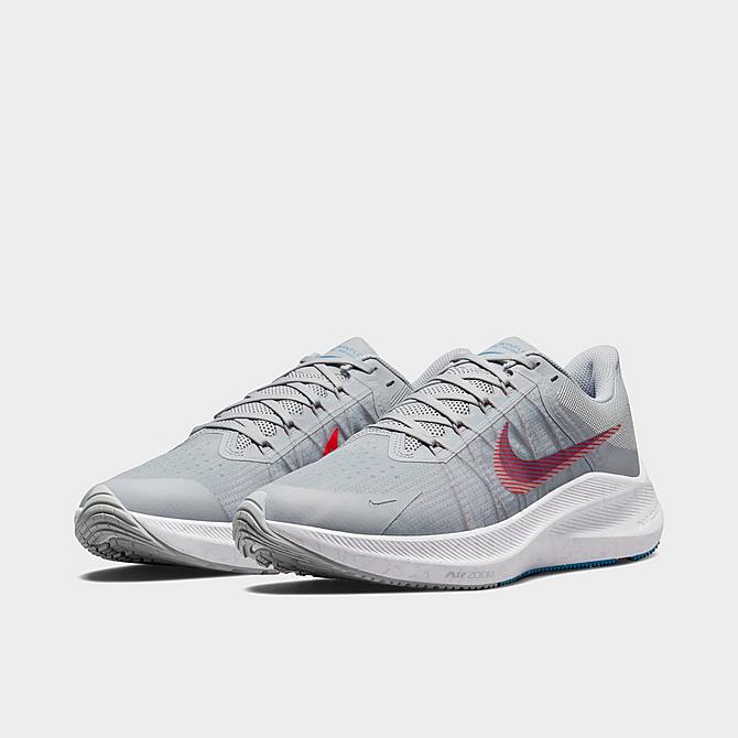 Three Quarter view of Men's Nike Air Zoom Winflo 8 Running Shoes in Wolf Grey/Bright Crimson/Pure Platinum/Imperial Blue/Cool Grey Click to zoom