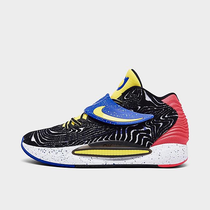 Right view of Nike KD14 Basketball Shoes in Black/Fusion Red/White/Yellow Strike Click to zoom