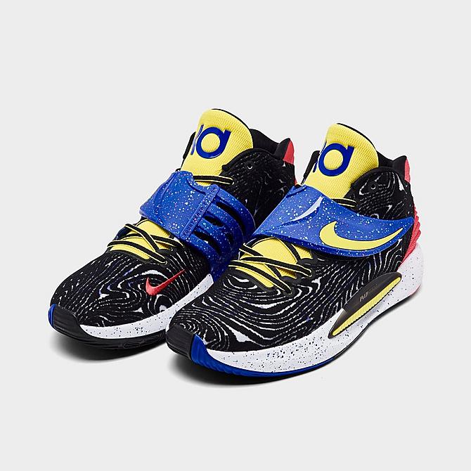 Three Quarter view of Nike KD14 Basketball Shoes in Black/Fusion Red/White/Yellow Strike Click to zoom