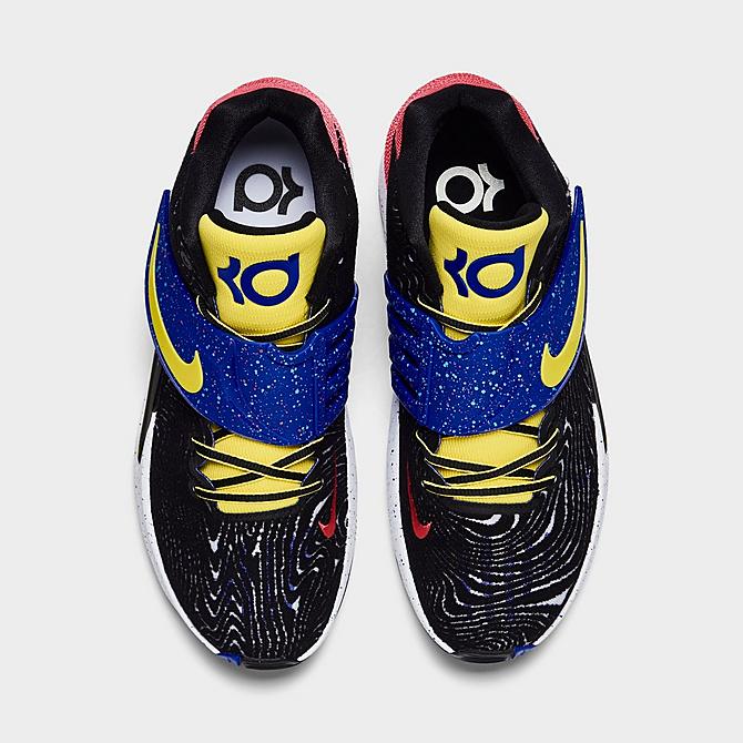 Back view of Nike KD14 Basketball Shoes in Black/Fusion Red/White/Yellow Strike Click to zoom