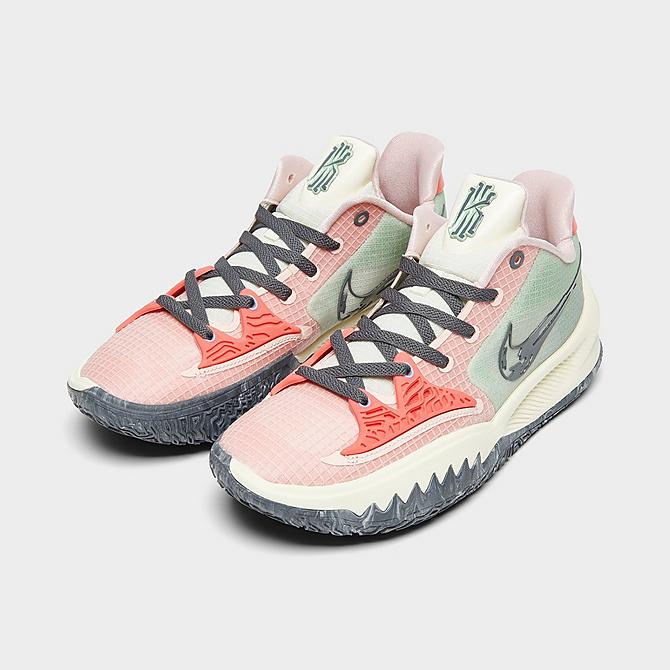 Three Quarter view of Nike Kyrie Low 4 Basketball Shoes in Pale Coral/Iron Grey/Cashmere Click to zoom